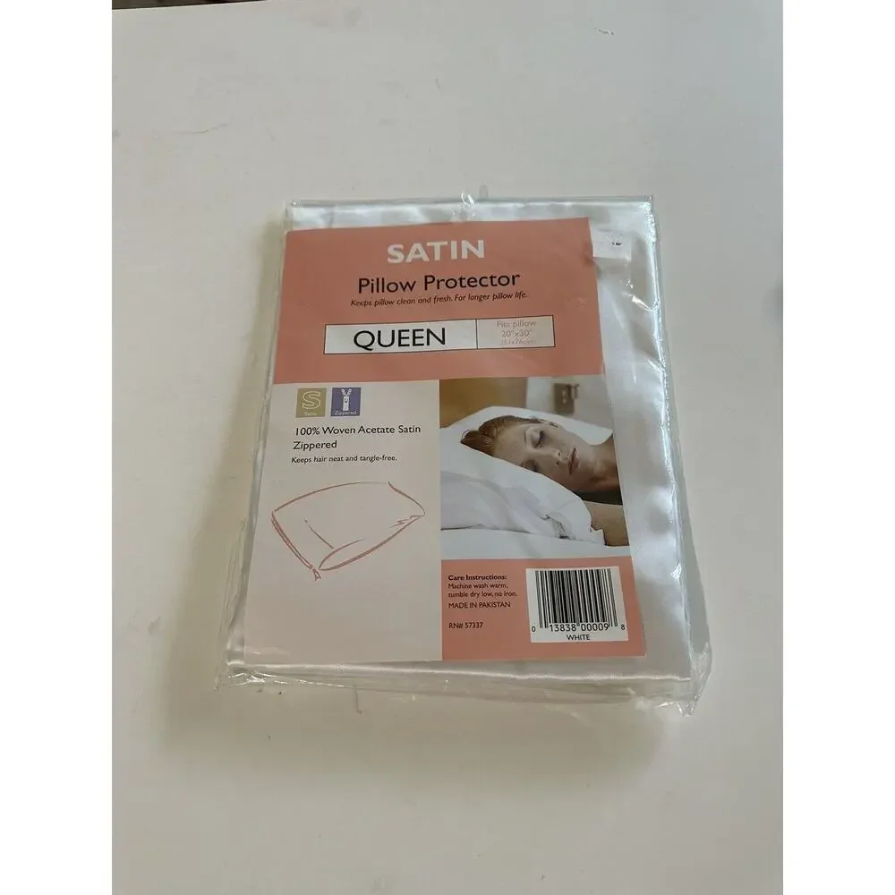 Satin Pillow Protector Queen Size‎ White Sateen 100% Woven Zippered 20”x30”
